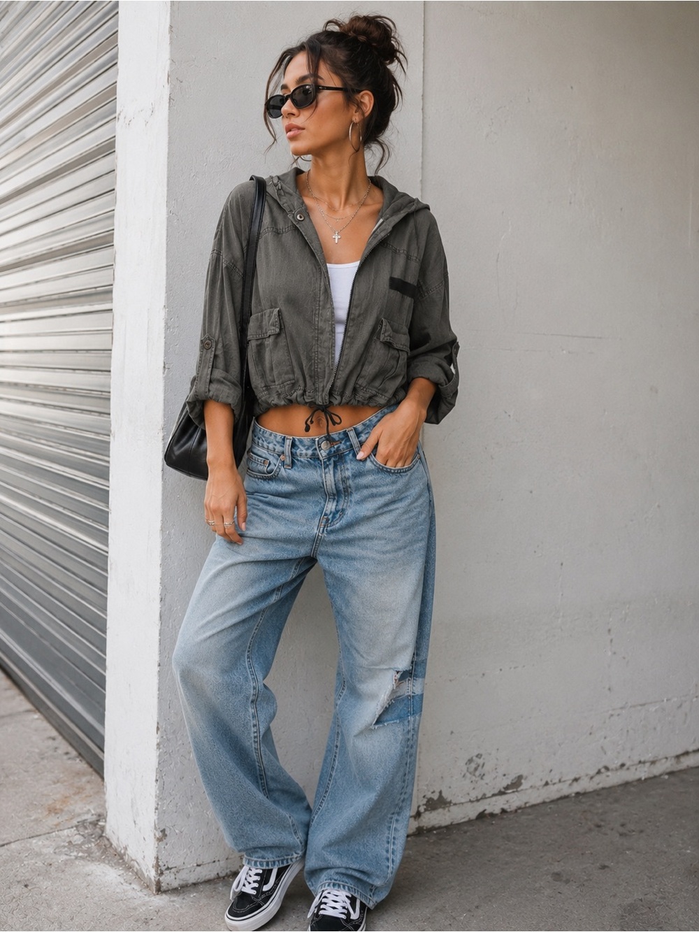 BDG Cropped Utility Hooded Linen Blend Drawstring Jacket in Taupe Green Small